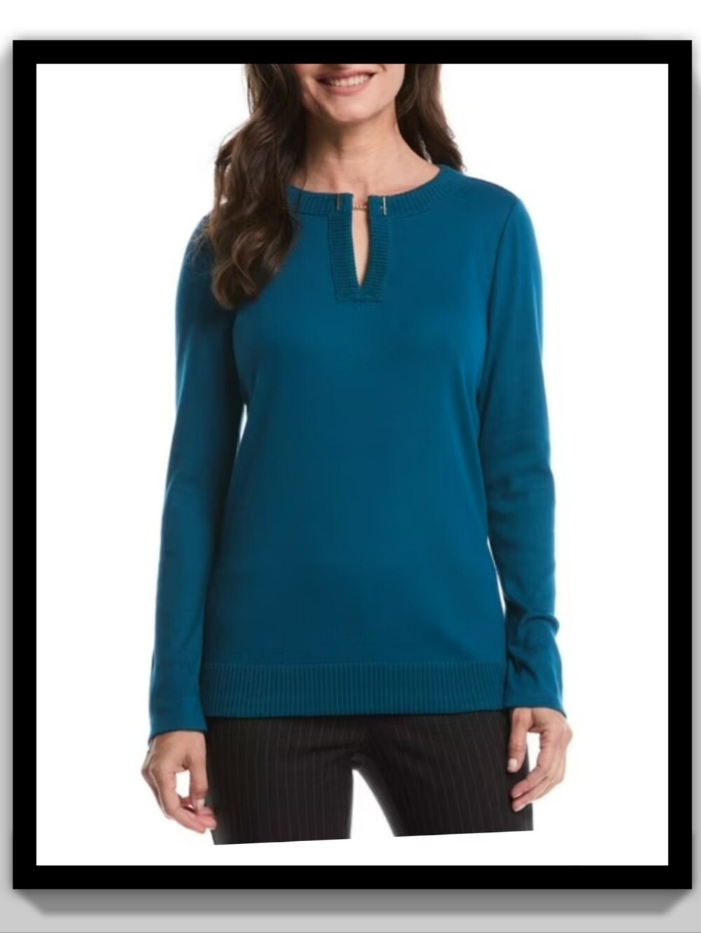 Nwt Rafaella Dark Teal Long-Sleeve Keyhole Pullover